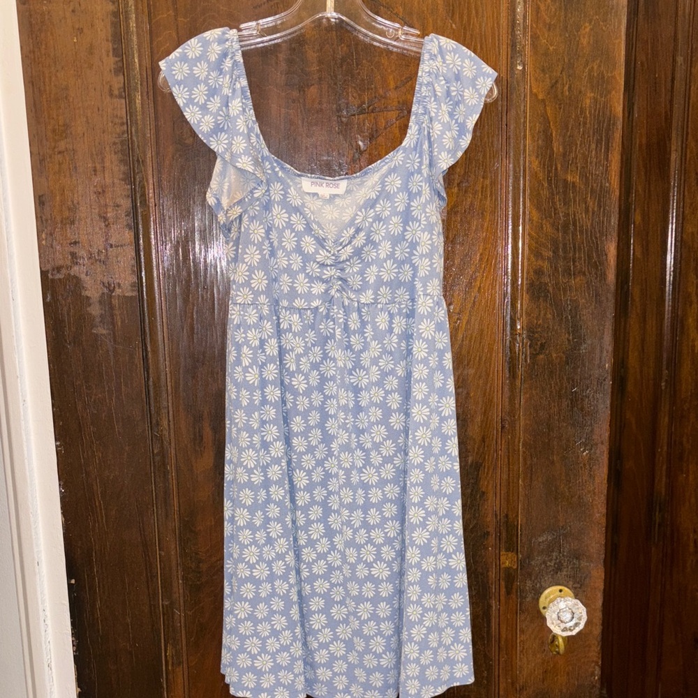 Pink Rose Blue Dress with White Floral Pattern